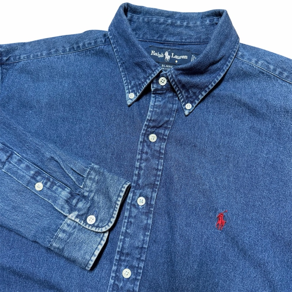 Vintage Ralph Lauren Blaire Blue Denim Button Up Long Sleeve Shirt XL Pony Logo - Picture 1 of 7